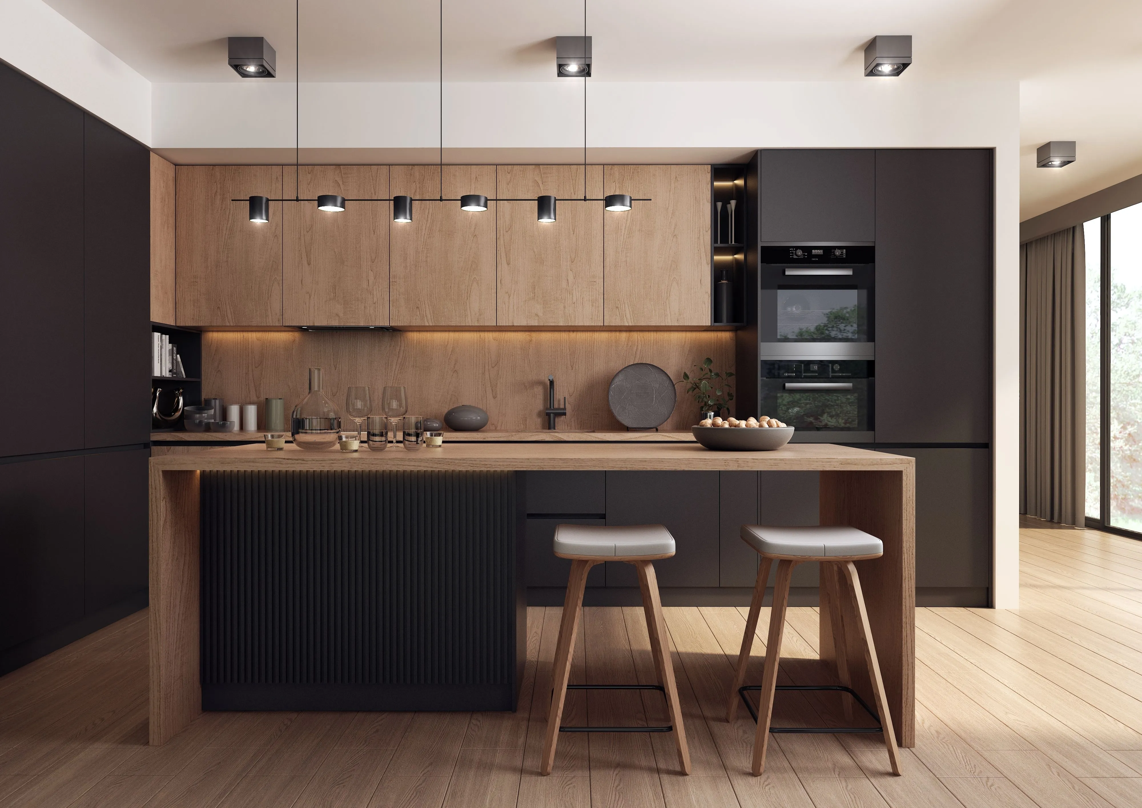 Bespoke kitchen design in Dubai by Modenzo, warm oak and matte black