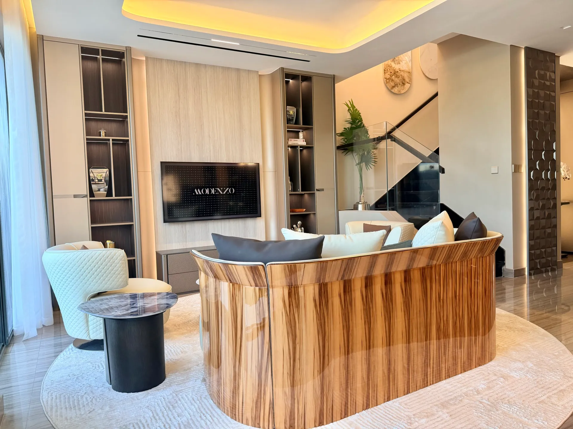 Custom TV unit display at the Modenzo showroom in Dubai