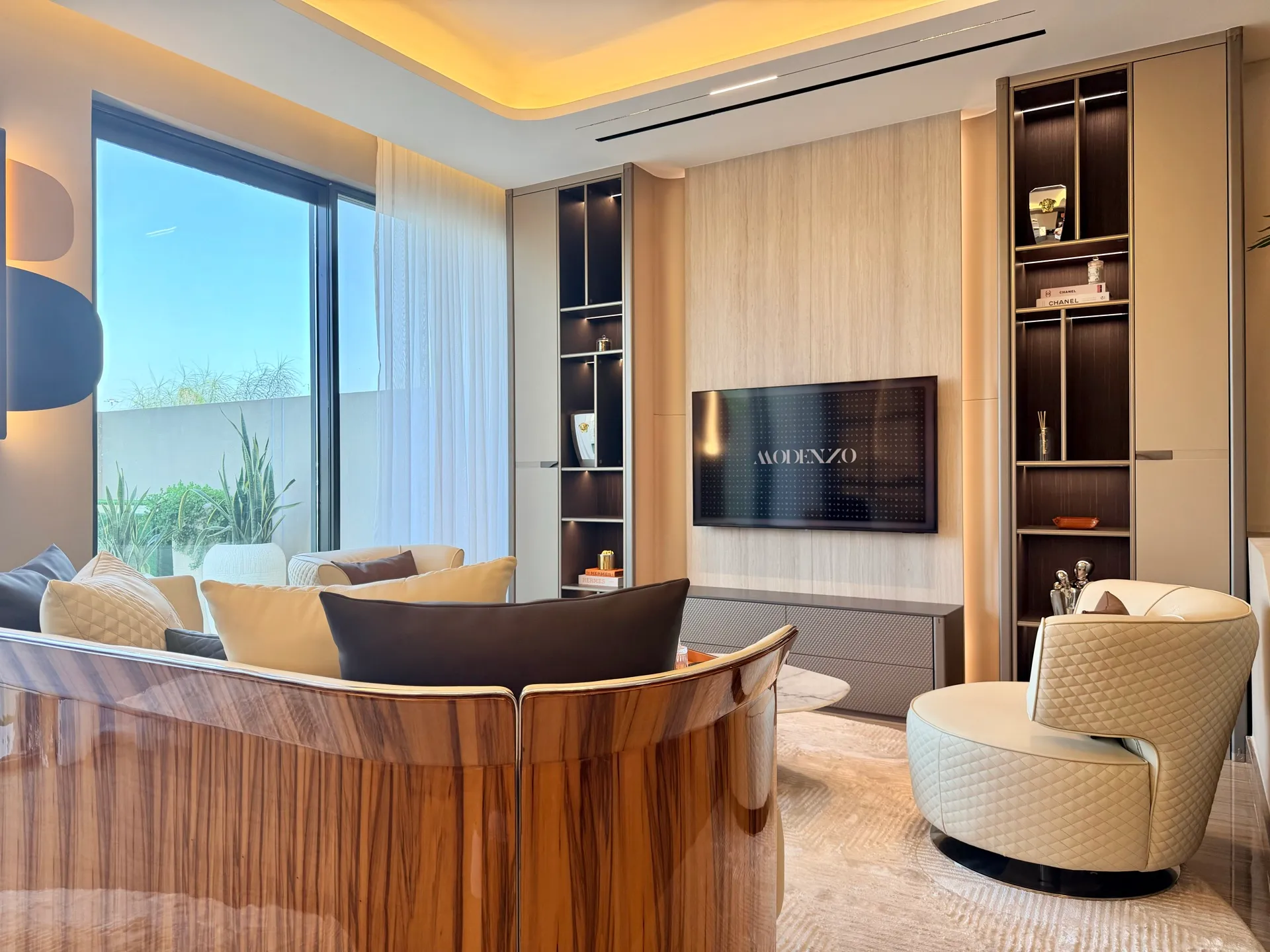 Media wall display at the Modenzo showroom in Dubai