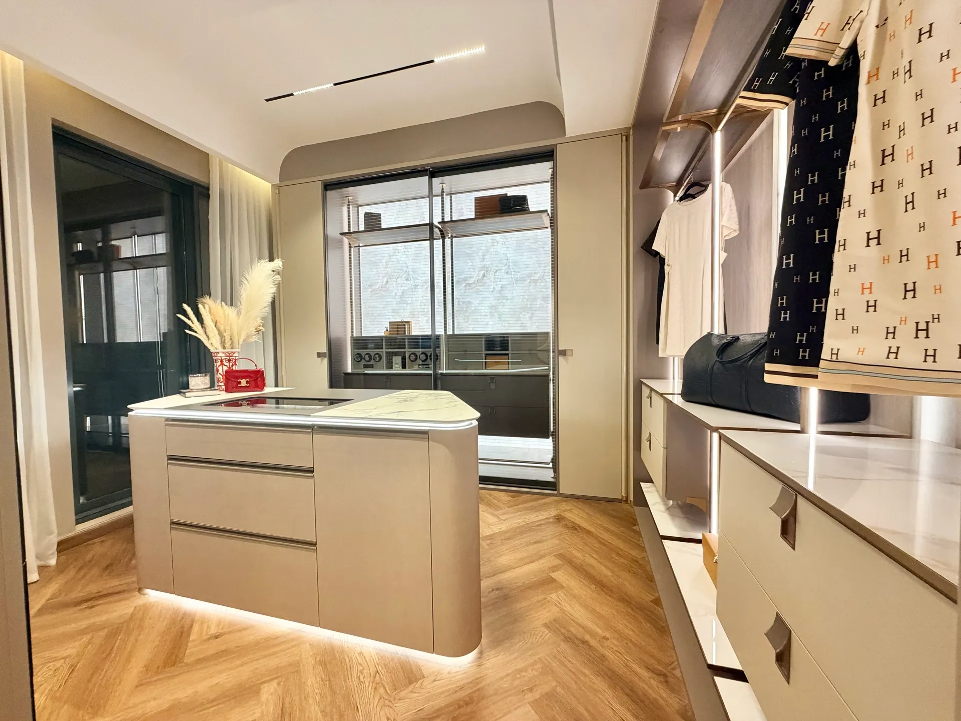 Walk-in wardrobe display at the Modenzo showroom in Dubai