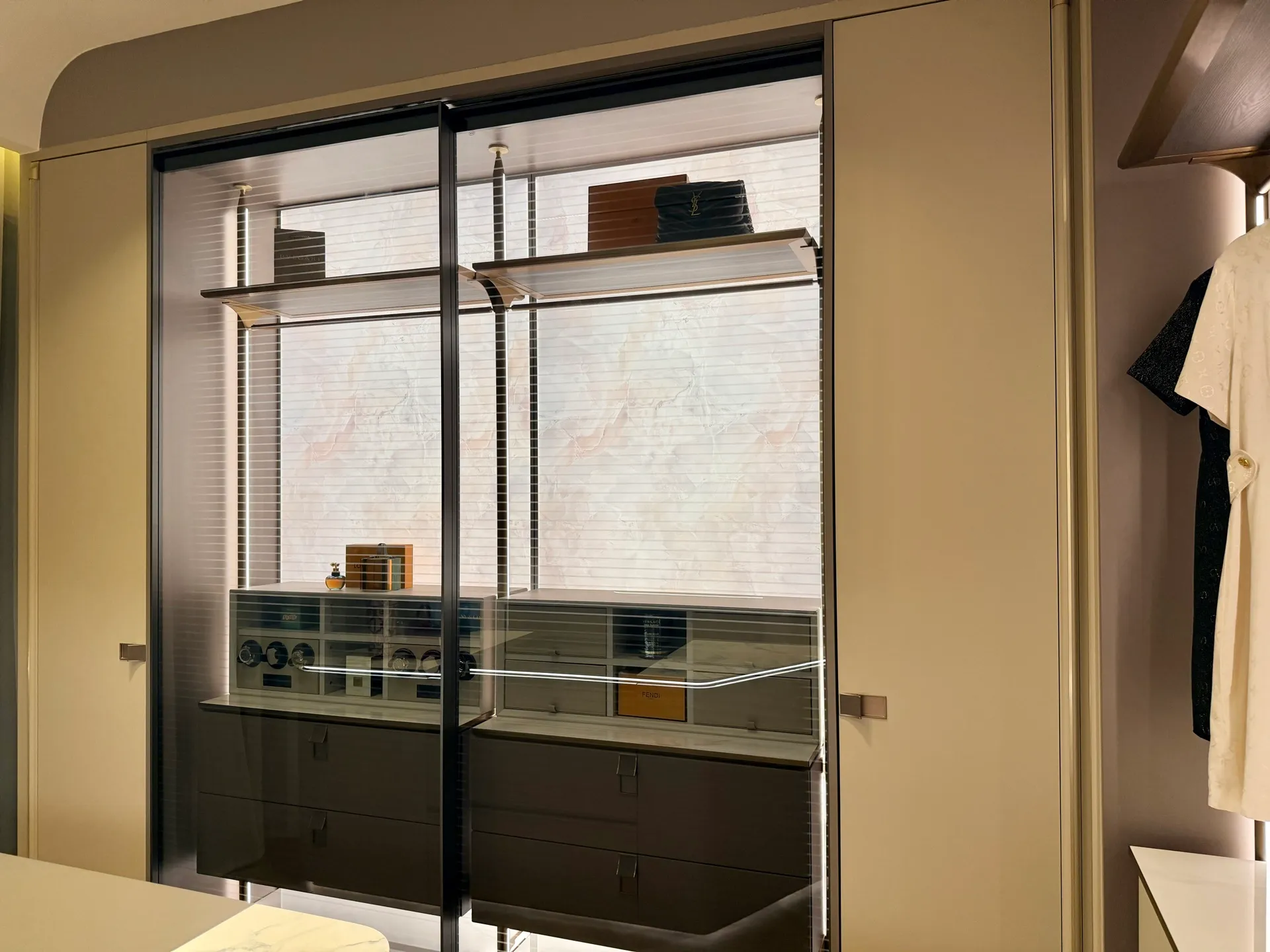 Fitted wardrobe interior at the Modenzo showroom in Dubai